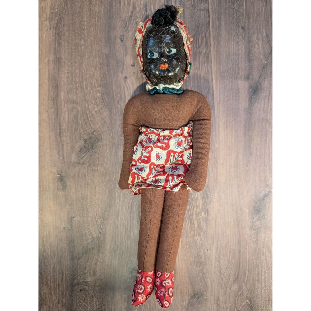 Vintage Polish Export Doll 12" Composition Face Black Cloth Primitive Folk Art